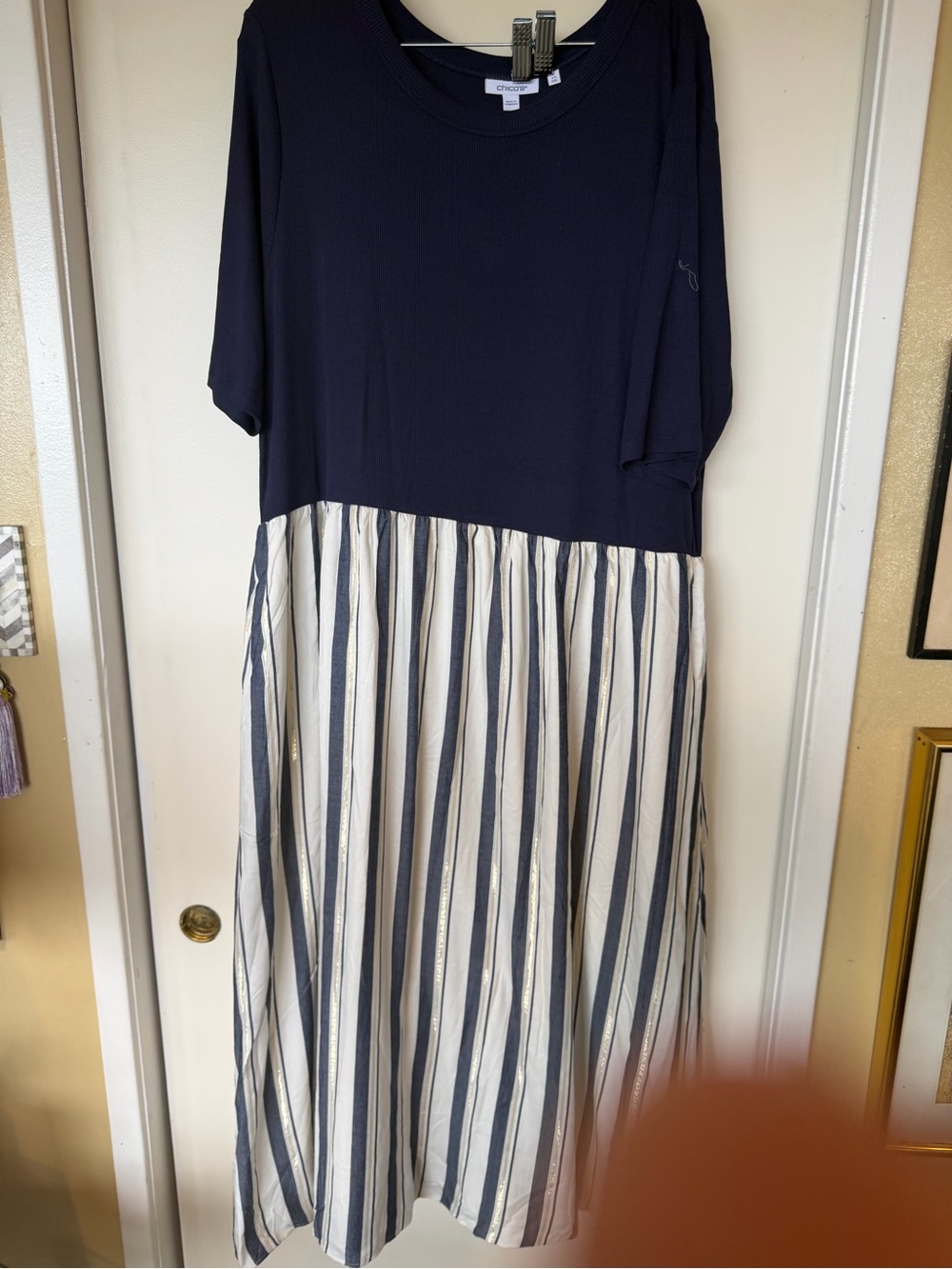 Chico's Navy Top with White & Navy Striped Maxi Skirt